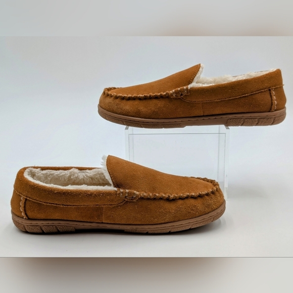 Lands' End Suede Moccasin Slippers Men Sz 8 Chestnut Brown Shearling Lining - Picture 7 of 10